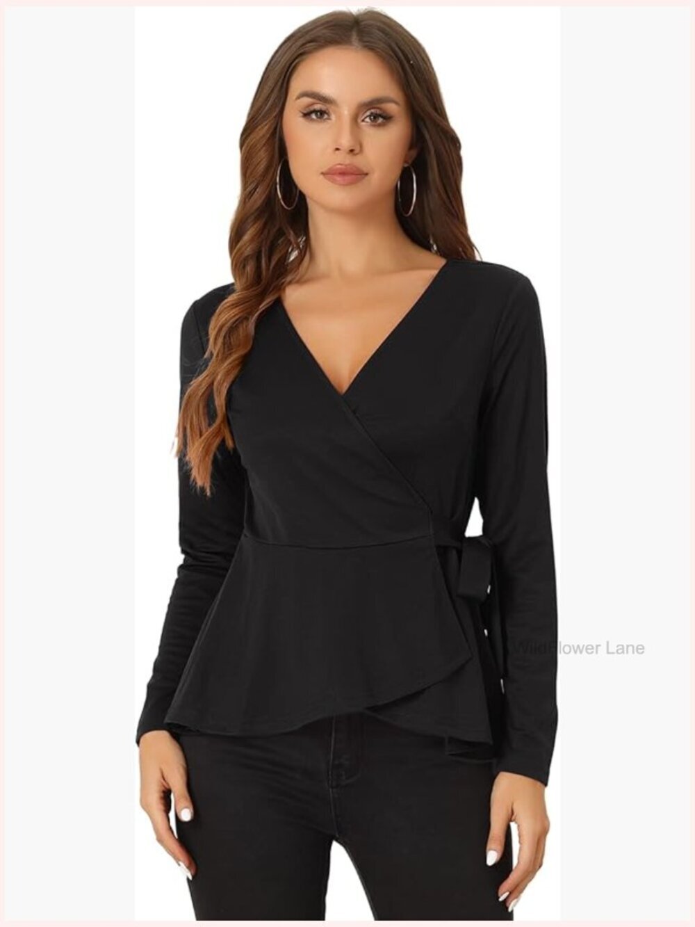Dressy Casual Wrap Peplum Blouse V Neck Long Sleeve Tie Waist Knit Top